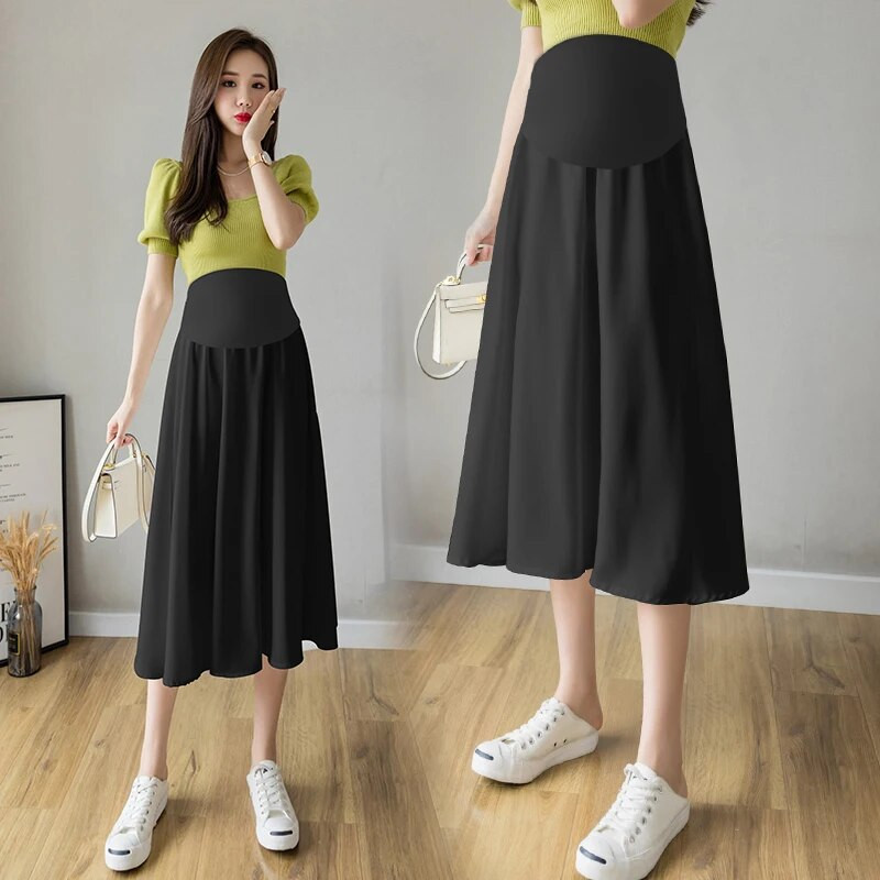 Melns, balts pavasaris, vasara ar augstu vidukli grūtniecēm, gari, brīvi A-veida svārki grūtniecēm, šifona svārki grūtniecēm vairumtirdzniecība