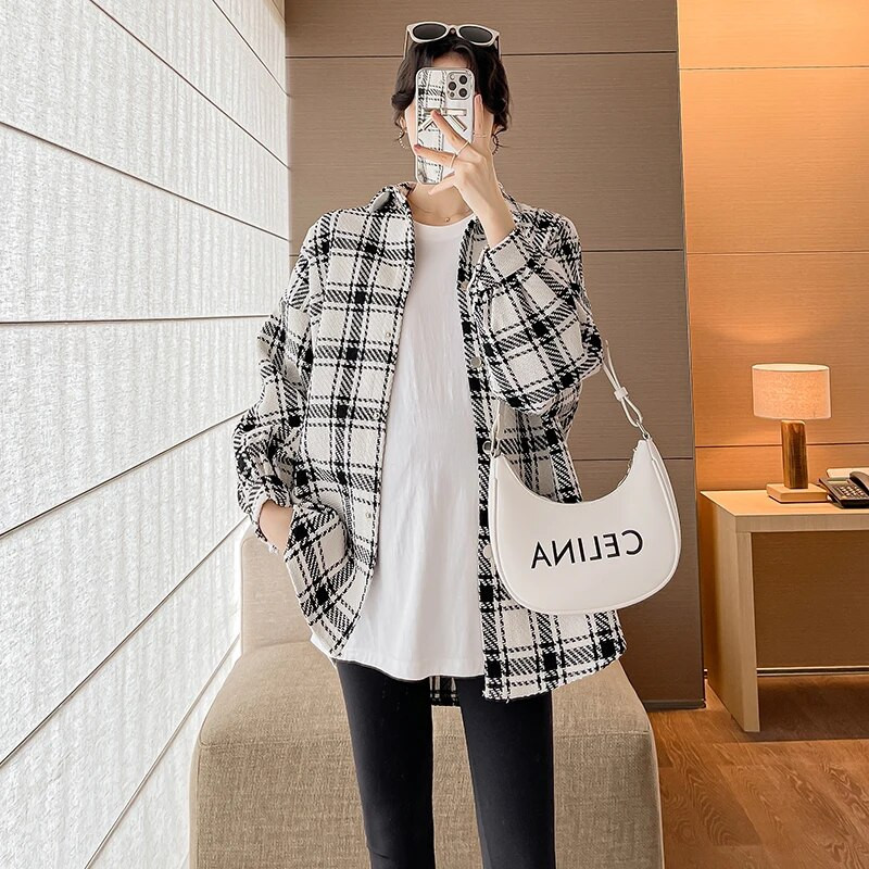 Sügis- ja talvine vabaaja rasedate naiste särgid, pikkade varrukatega, lahtikäiva kraega Ruuduline jakk Lahtine pealisriided Rasedate pluusid