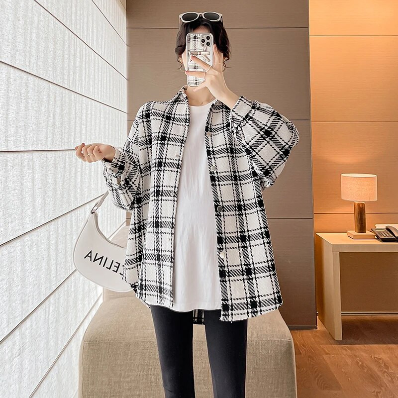 Sügis- ja talvine vabaaja rasedate naiste särgid, pikkade varrukatega, lahtikäiva kraega Ruuduline jakk Lahtine pealisriided Rasedate pluusid