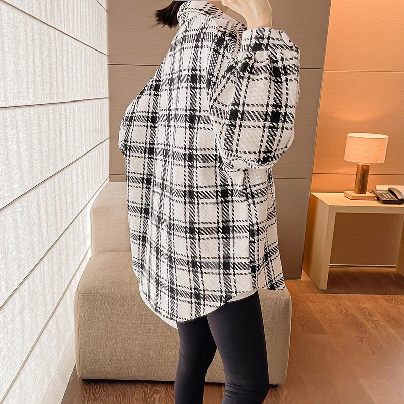 Sügis- ja talvine vabaaja rasedate naiste särgid, pikkade varrukatega, lahtikäiva kraega Ruuduline jakk Lahtine pealisriided Rasedate pluusid