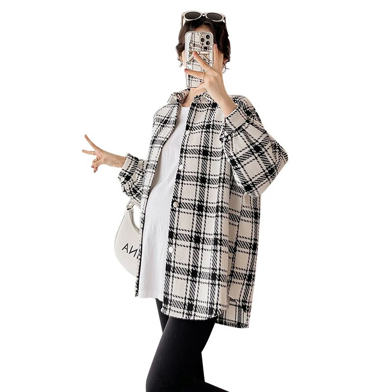 Sügis- ja talvine vabaaja rasedate naiste särgid, pikkade varrukatega, lahtikäiva kraega Ruuduline jakk Lahtine pealisriided Rasedate pluusid