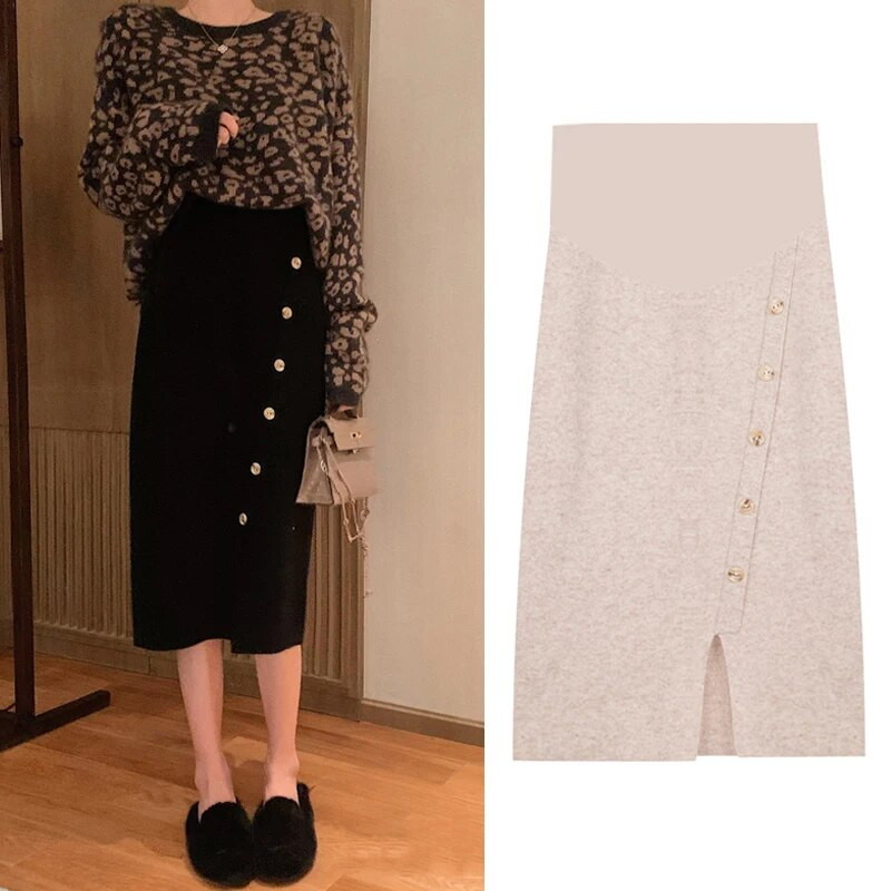 2023 talvel rasedad kõrge vöökohaga silmkoelised seelikud õhukesed puusad eesnööbid keskmise pikkusega pliiatsseelikud rasedate kõhuseelikud