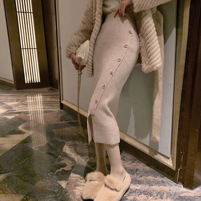 2023 talvel rasedad kõrge vöökohaga silmkoelised seelikud õhukesed puusad eesnööbid keskmise pikkusega pliiatsseelikud rasedate kõhuseelikud