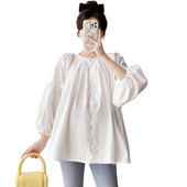 2023 m. rudens nėščios moters medvilniniai lininiai marškiniai ilgomis rankovėmis nėščiosioms palaidinės su viena krūtine, žaliai balta