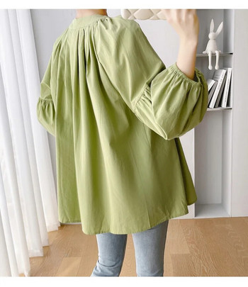 2023 Есенни бременни жени Ризи от памучно бельо Блузи за бременни с дълъг ръкав тип фенер Блузи за бременни с едно редуване Зелени бели