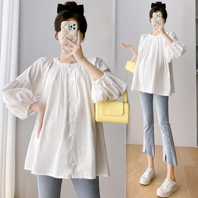 2023 m. rudens nėščios moters medvilniniai lininiai marškiniai ilgomis rankovėmis nėščiosioms palaidinės su viena krūtine, žaliai balta