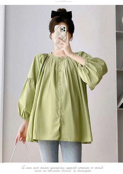 2023 m. rudens nėščios moters medvilniniai lininiai marškiniai ilgomis rankovėmis nėščiosioms palaidinės su viena krūtine, žaliai balta