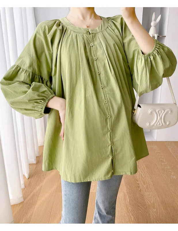 2023 m. rudens nėščios moters medvilniniai lininiai marškiniai ilgomis rankovėmis nėščiosioms palaidinės su viena krūtine, žaliai balta