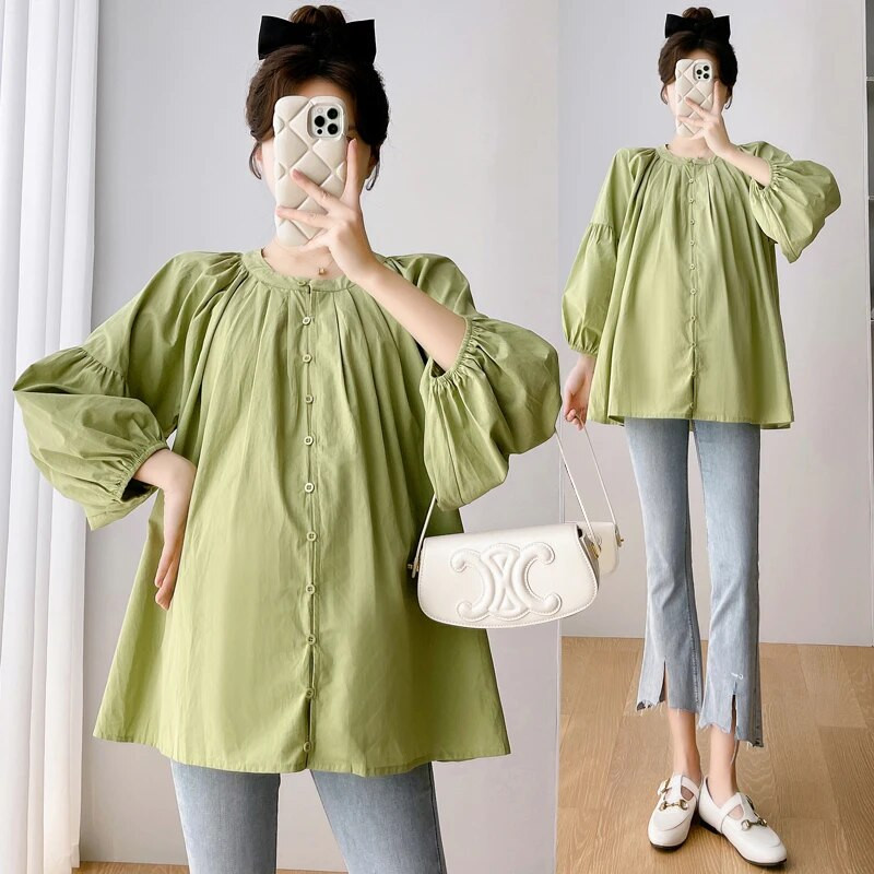 2023 m. rudens nėščios moters medvilniniai lininiai marškiniai ilgomis rankovėmis nėščiosioms palaidinės su viena krūtine, žaliai balta