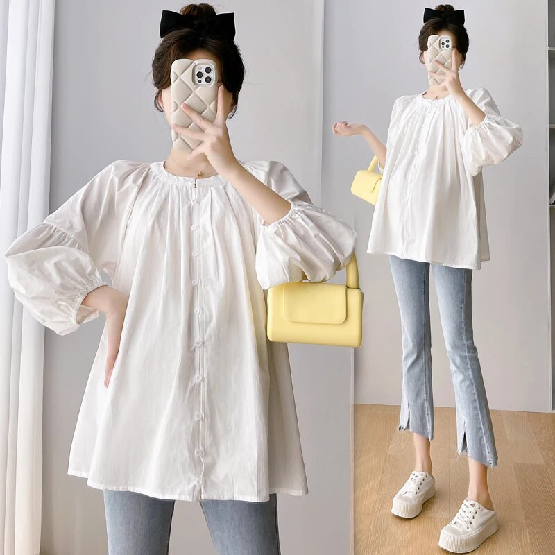 2023 m. rudens nėščios moters medvilniniai lininiai marškiniai ilgomis rankovėmis nėščiosioms palaidinės su viena krūtine, žaliai balta