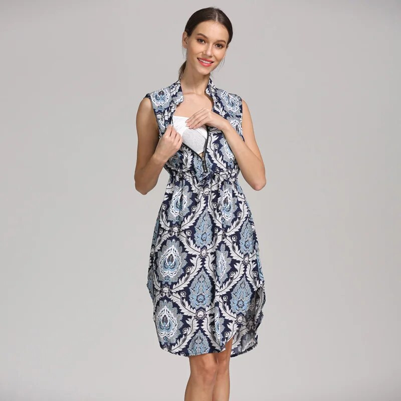 Uued suvised rasedate kleidid, stiilis varrukateta sulgedeta mustriga naiste imetamiskleit rasedatele naistele imetamisseelik