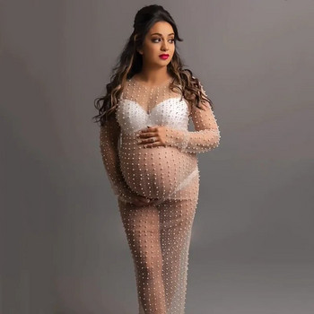 Φορέματα εγκυμοσύνης Photoshoot See Through Pearl Crystal Transparent Tulle Photography εγκυμοσύνης Μακριά φορέματα για γυναίκες έγκυες
