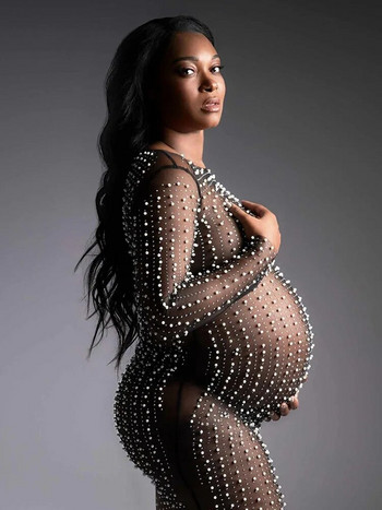 Φορέματα εγκυμοσύνης Photoshoot See Through Pearl Crystal Transparent Tulle Photography εγκυμοσύνης Μακριά φορέματα για γυναίκες έγκυες