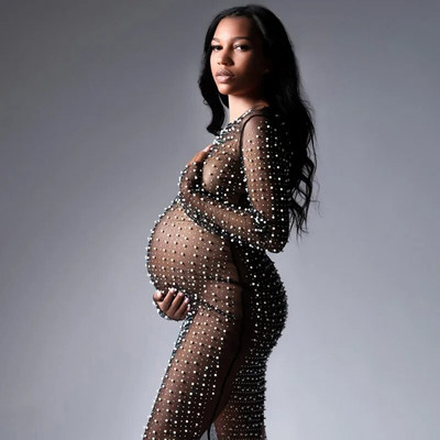 Suknelės nėščiosioms Fotosesija Žiūrėti per perlų krištolą permatomas tiulis Nėštumo fotografija Ilgos suknelės nėščioms moterims