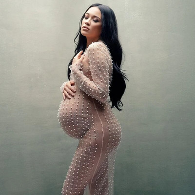 Suknelės nėščiosioms Fotosesija Žiūrėti per perlų krištolą permatomas tiulis Nėštumo fotografija Ilgos suknelės nėščioms moterims