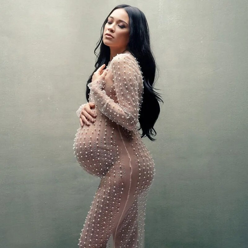 Suknelės nėščiosioms Fotosesija Žiūrėti per perlų krištolą permatomas tiulis Nėštumo fotografija Ilgos suknelės nėščioms moterims