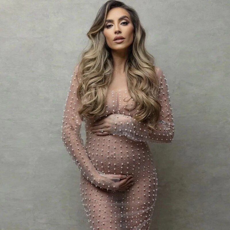 Suknelės nėščiosioms Fotosesija Žiūrėti per perlų krištolą permatomas tiulis Nėštumo fotografija Ilgos suknelės nėščioms moterims