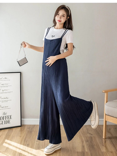 Didelio dydžio kombinezonai nėščiosioms plačiomis kojomis Vasariniai ilgi, laisvi šliaužtinukai nėščioms moterims šifoniniai kombinezonai plačiomis kojomis klostuotos kelnės