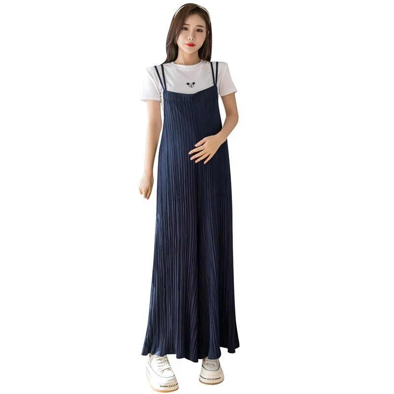 Didelio dydžio kombinezonai nėščiosioms plačiomis kojomis Vasariniai ilgi, laisvi šliaužtinukai nėščioms moterims šifoniniai kombinezonai plačiomis kojomis klostuotos kelnės