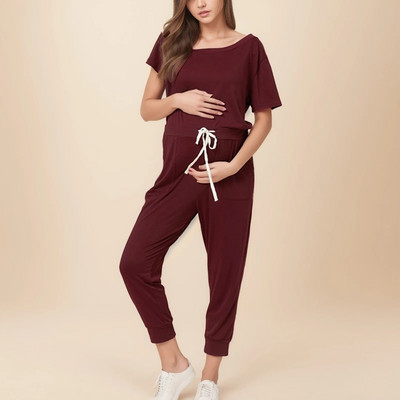 Kismama Jumpsuit Nadrág Női Rövid ujjú Egyszínű Állítható derék Terhes Alkalmi Crewneck Romper Nadrág Ruházat Új