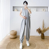 Γκρι Λευκό συνονθύλευμα Casual Loose Ολόσωμες φόρμες εγκυμοσύνης Αμάνικα με κουμπιά με λαιμόκοψη V Φόρμες εγκύου