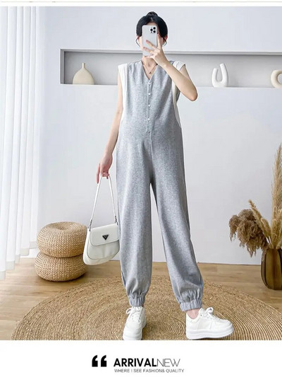 Γκρι Λευκό συνονθύλευμα Casual Loose Ολόσωμες φόρμες εγκυμοσύνης Αμάνικα με κουμπιά με λαιμόκοψη V Φόρμες εγκύου