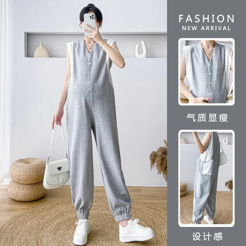 Γκρι Λευκό συνονθύλευμα Casual Loose Ολόσωμες φόρμες εγκυμοσύνης Αμάνικα με κουμπιά με λαιμόκοψη V Φόρμες εγκύου