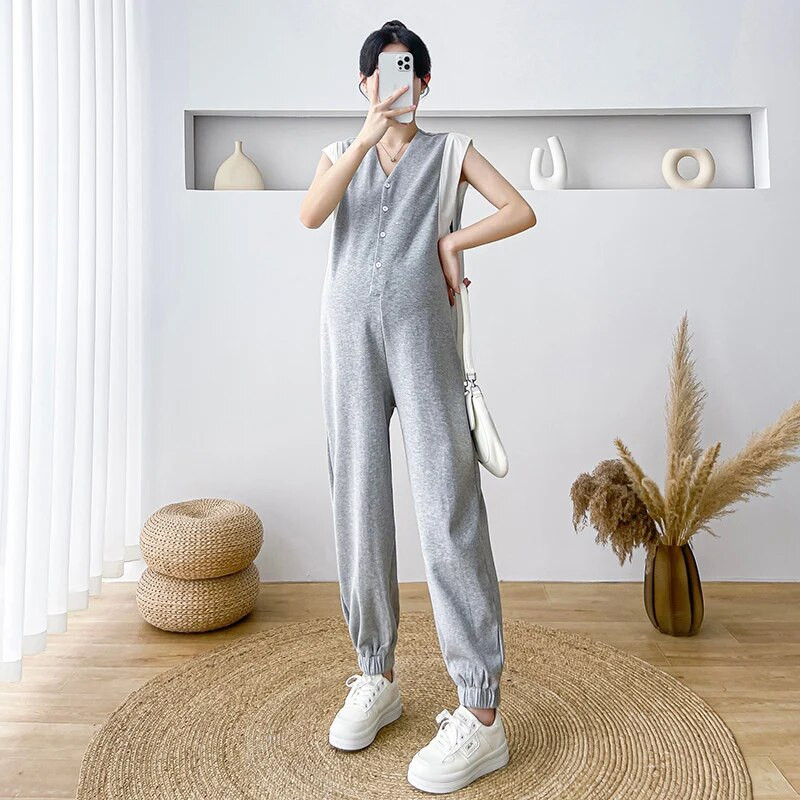 Γκρι Λευκό συνονθύλευμα Casual Loose Ολόσωμες φόρμες εγκυμοσύνης Αμάνικα με κουμπιά με λαιμόκοψη V Φόρμες εγκύου