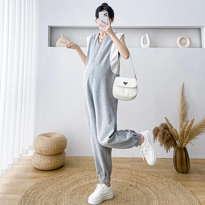 Γκρι Λευκό συνονθύλευμα Casual Loose Ολόσωμες φόρμες εγκυμοσύνης Αμάνικα με κουμπιά με λαιμόκοψη V Φόρμες εγκύου