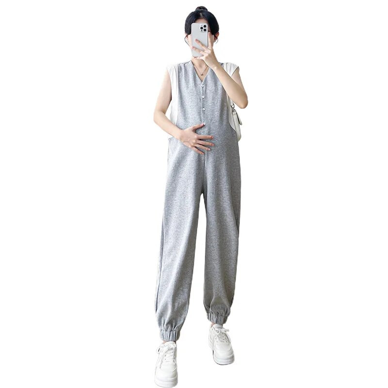 Γκρι Λευκό συνονθύλευμα Casual Loose Ολόσωμες φόρμες εγκυμοσύνης Αμάνικα με κουμπιά με λαιμόκοψη V Φόρμες εγκύου