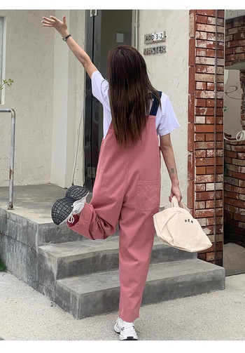Гащеризони за бременни в корейски стил Летни модни розови гащеризони с джобове Големи размери Дънкови гащеризони за бременни жени Свободни дънки