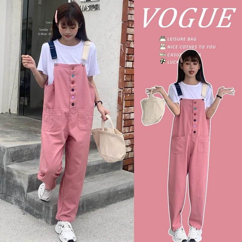 Κορεάτικο φόρμες εγκυμοσύνης Καλοκαιρινή μόδα ροζ φόρμες με τσέπες συν μέγεθος έγκυος τζιν ρόμπες φαρδιά τζιν