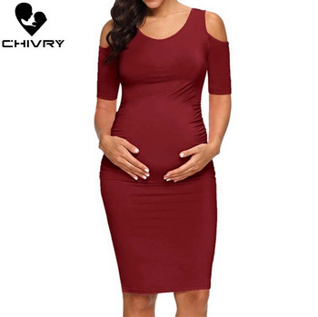 Chivry New Maternity γυναικεία φορέματα εγκυμοσύνης Mama Clothes O-Neck Solid Sexy Off Shoulder Bodycon Έγκυες γυναίκες Casual φόρεμα