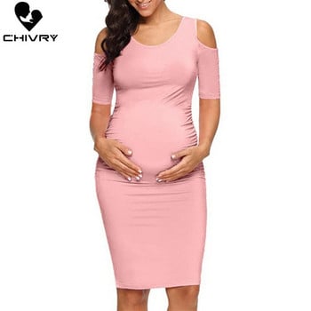 Chivry New Maternity γυναικεία φορέματα εγκυμοσύνης Mama Clothes O-Neck Solid Sexy Off Shoulder Bodycon Έγκυες γυναίκες Casual φόρεμα