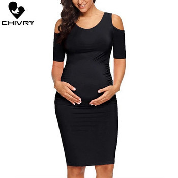 Chivry New Maternity γυναικεία φορέματα εγκυμοσύνης Mama Clothes O-Neck Solid Sexy Off Shoulder Bodycon Έγκυες γυναίκες Casual φόρεμα