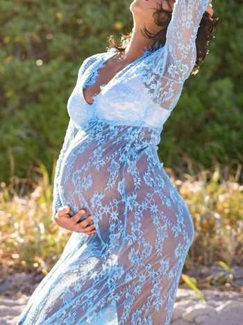 Δαντελένιο φόρεμα εγκυμοσύνης για PhotoShoot Φωτογραφία εγκυμοσύνης Σέξι V λαιμόκοψη Φορέματα μάξι φόρεμα για εγκυμονούσες ντους μωρών