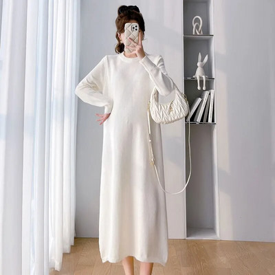 Nėščiųjų megztos suknelės 2023 m. Nauji drabužiai nėščioms moterims Vienspalvis O kaklo ilgas megztinis plius dydis Suknelės nėščiosioms