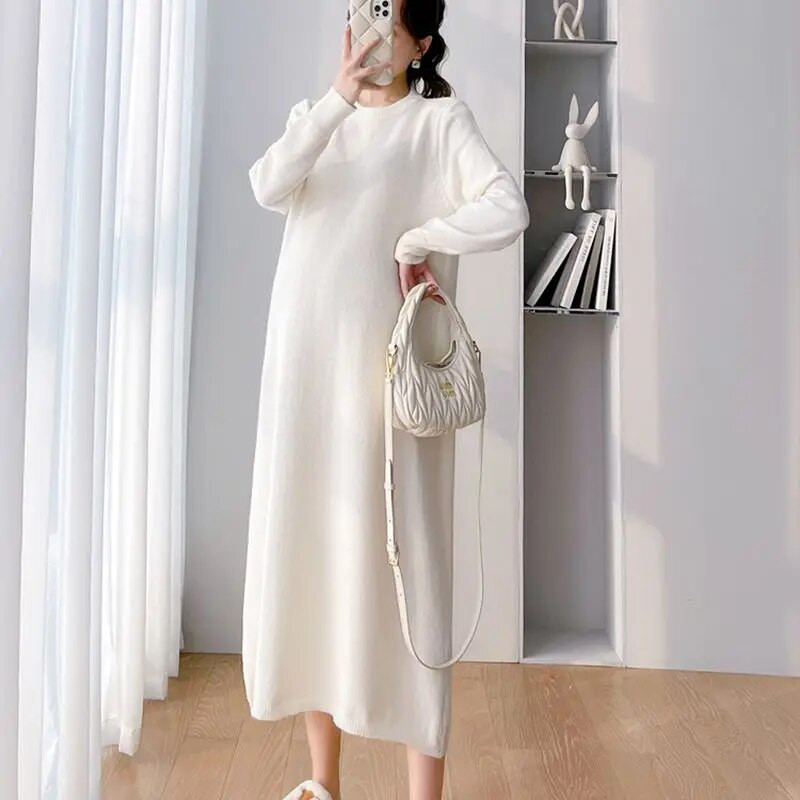 Nėščiųjų megztos suknelės 2023 m. Nauji drabužiai nėščioms moterims Vienspalvis O kaklo ilgas megztinis plius dydis Suknelės nėščiosioms