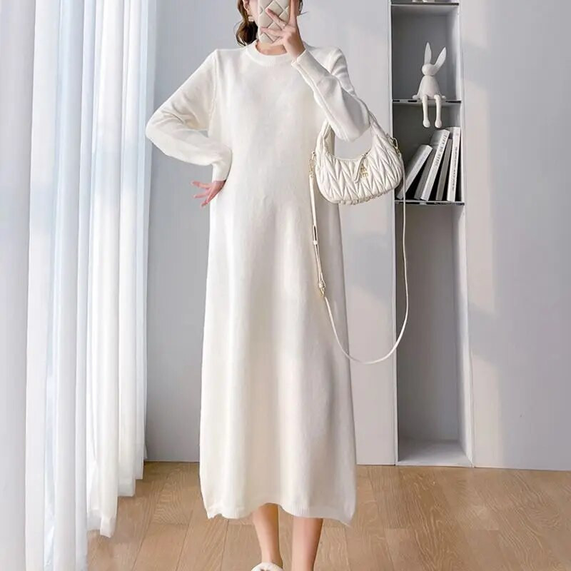 Nėščiųjų megztos suknelės 2023 m. Nauji drabužiai nėščioms moterims Vienspalvis O kaklo ilgas megztinis plius dydis Suknelės nėščiosioms