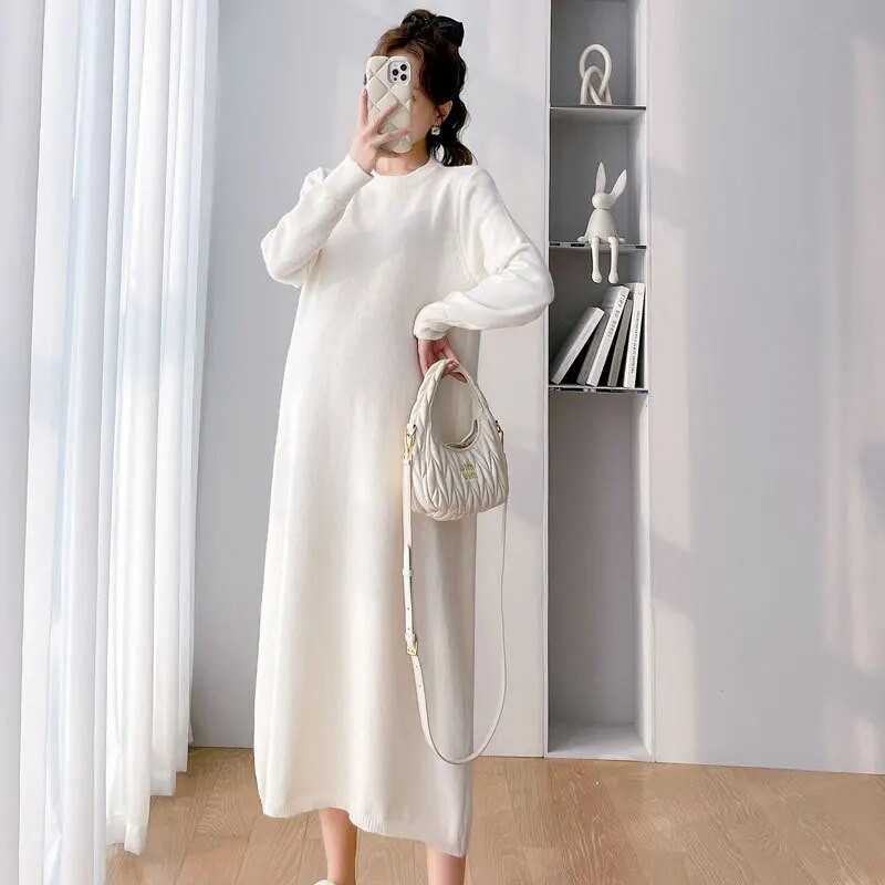 Nėščiųjų megztos suknelės 2023 m. Nauji drabužiai nėščioms moterims Vienspalvis O kaklo ilgas megztinis plius dydis Suknelės nėščiosioms