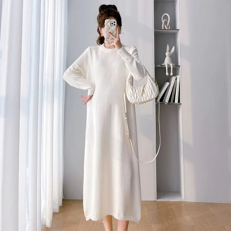 Nėščiųjų megztos suknelės 2023 m. Nauji drabužiai nėščioms moterims Vienspalvis O kaklo ilgas megztinis plius dydis Suknelės nėščiosioms