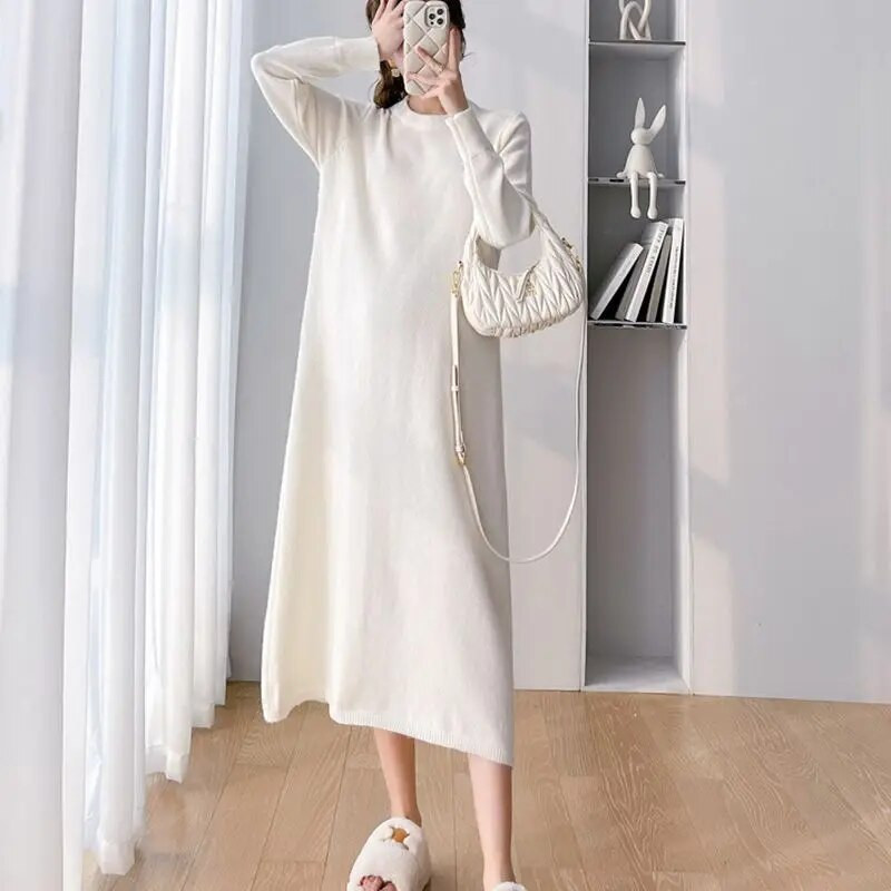 Nėščiųjų megztos suknelės 2023 m. Nauji drabužiai nėščioms moterims Vienspalvis O kaklo ilgas megztinis plius dydis Suknelės nėščiosioms