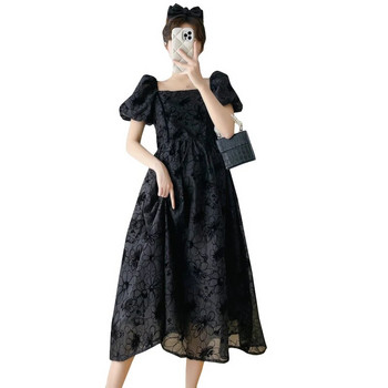 2023 Καλοκαίρι φόρεμα για πάρτι για έγκυες γυναίκες με φουσκωτό μανίκι τετράγωνο γιακά εγκυμοσύνης Κομψό φόρεμα εγκυμοσύνης Πριγκίπισσα φόρεμα μαύρο φλοράλ