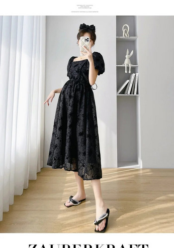 2023 Καλοκαίρι φόρεμα για πάρτι για έγκυες γυναίκες με φουσκωτό μανίκι τετράγωνο γιακά εγκυμοσύνης Κομψό φόρεμα εγκυμοσύνης Πριγκίπισσα φόρεμα μαύρο φλοράλ