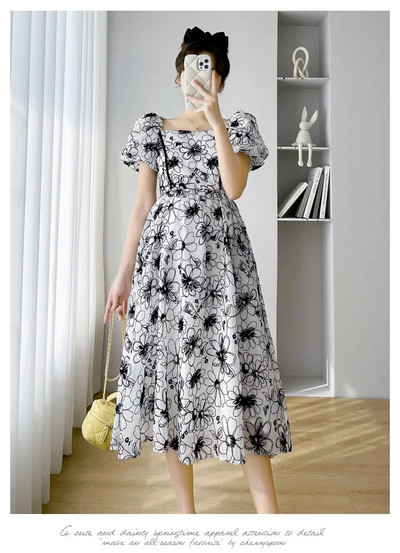 2023. gada vasaras grūtnieces ballītes kleita ar pufām piedurknēm, kvadrātveida apkakle, eleganta grūtnieču kleita, kleita grūtniecēm, melna ziedu krāsa