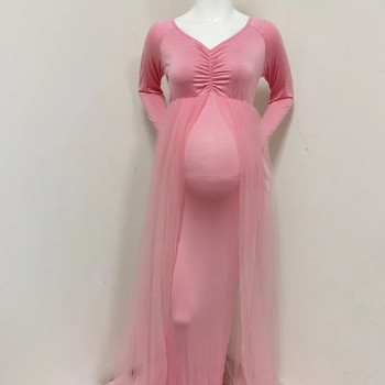 Φορέματα μάξι από τούλι εγκυμοσύνης Baby shower βαμβακερό φόρεμα συρόμενου ελαστικού έγκυος ροζ κομψό φόρεμα φωτογραφίας