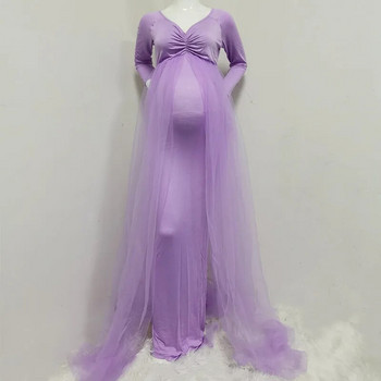 Φορέματα μάξι από τούλι εγκυμοσύνης Baby shower βαμβακερό φόρεμα συρόμενου ελαστικού έγκυος ροζ κομψό φόρεμα φωτογραφίας