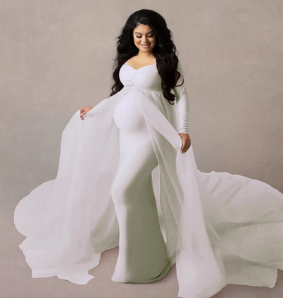 Grūtnieču tilla Maxi kleitas Baby Shower Kokvilnas aizmugurējā kleita Elastīga Grūtnieces Rozā Eleganta Fotokleita