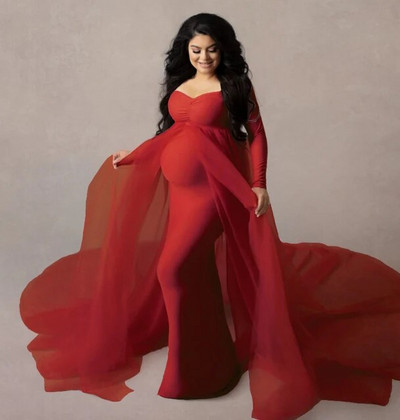 Grūtnieču tilla Maxi kleitas Baby Shower Kokvilnas aizmugurējā kleita Elastīga Grūtnieces Rozā Eleganta Fotokleita