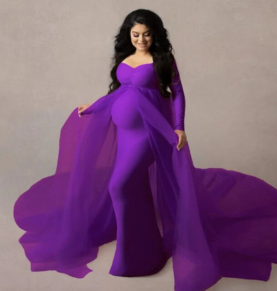 Grūtnieču tilla Maxi kleitas Baby Shower Kokvilnas aizmugurējā kleita Elastīga Grūtnieces Rozā Eleganta Fotokleita